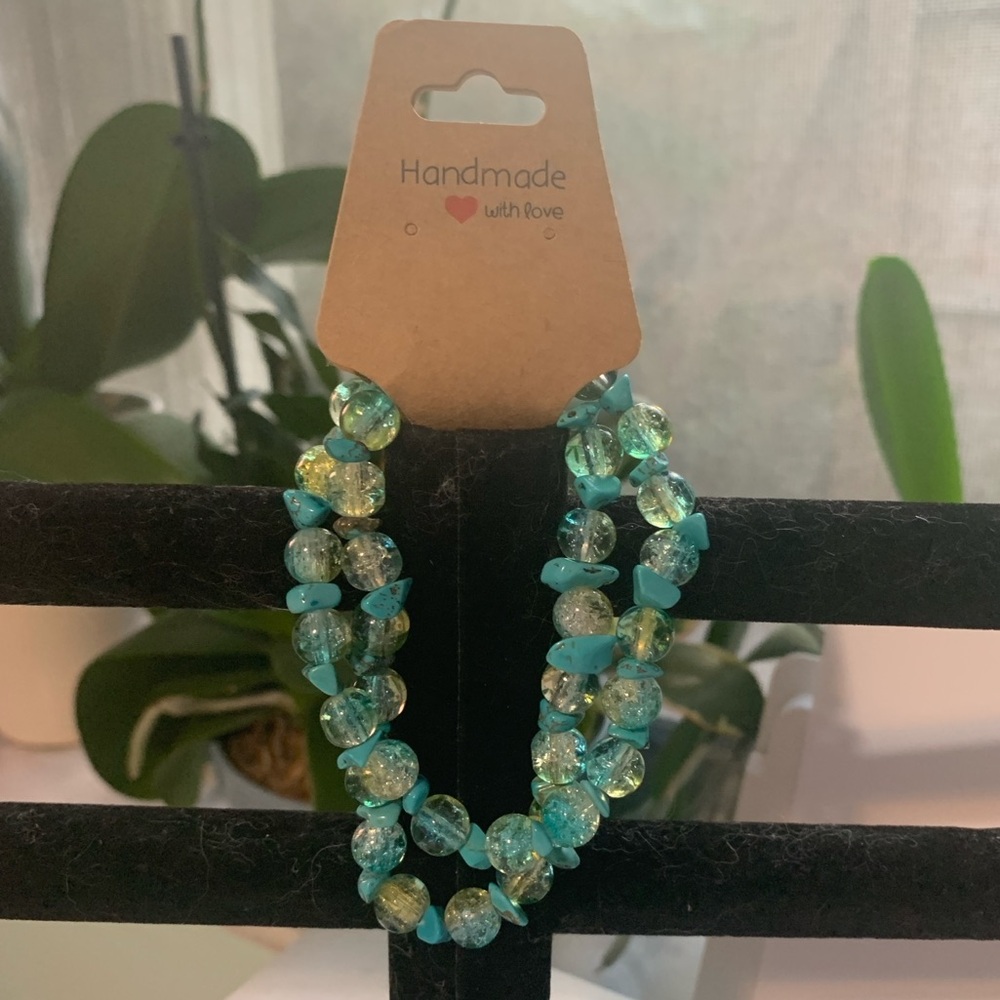 2 Peacock and Turquoise Crackle Glass Bead Set